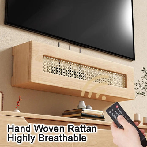 Dope Wall Mounted Rattan Router Cabinet Hides Smart Home Gear Tucked Away For Chill Vibes In Any Space Featuring Breathable Slots For No Sweat Cooling And Smooth WiFi Signals, natural wood finish and remote control.