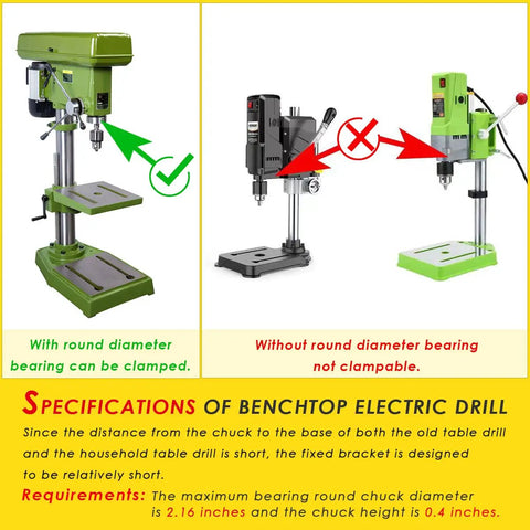 Straight Shooting Square Hole Drill Bit Adapter Mortising Attachment For Drill Press And Portable Hand Tools No Sweat Setup Game Changer Woodworking Conversion Kit For Benchtop Machines Heavy Duty Precision Cutting comparison image showing drill press compatibility.