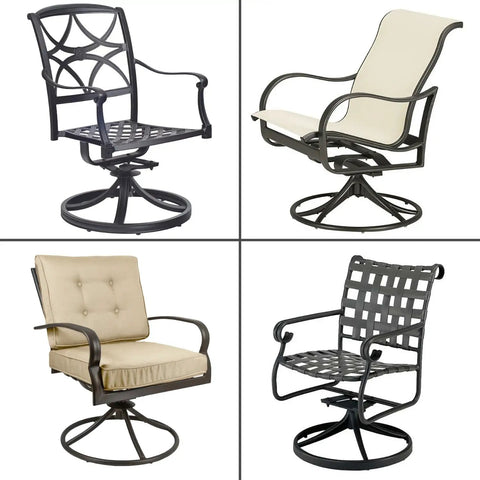 Silent Glide Swivel Rocker Chair Bumpers Built With Hella Durable Nylon Floor Protectors Featuring A Wide 1/2 Inch Foot And A Tight 1/4 Inch Stem To Keep Your Outdoor Setup Rolling Smooth In A Clean White 25 Pack displayed with various outdoor swivel rockers.