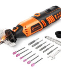 Badass 180W Cordless Chainsaw Sharpener Kit Gnarly Multi Purpose Rotary Tool with accessories and sparks in action.