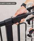 Close-up of child safety double lock on 36 Inch Tall Stair Baby Gate With Door, Extra Wide Adjustable, Pressure Mounted Black Gate