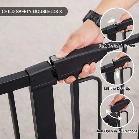 Close-up of child safety double lock on 36 Inch Tall Stair Baby Gate With Door, Extra Wide Adjustable, Pressure Mounted Black Gate