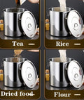 Solid 304 Stainless Steel Food Storage Canisters With No Sweat Snap Lids holding rice, dried food, flour, and tea in kitchen.
