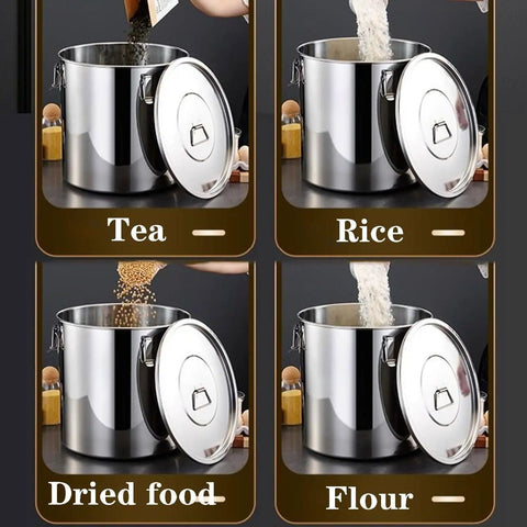Premium Heavy Duty 304 Stainless Steel Airtight Grain Storage Bucket Keeps Rice Flour Sugar And Coffee Beans Fresh No Sweat Pantry Workhorse 26 Gallon Bulk Stash Canister holding tea, rice, dried food, and flour.