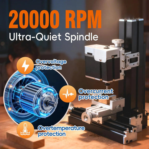 All Metal Mini Milling Machine Pro Grade Build 60W 20000 RPM 3 Axis DIY Vertical Mill showing motor with protections