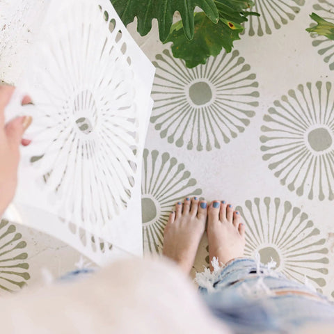 Person using Reusable 12x12 Tile Stencil Set 2 Pack For Floors Walls And Concrete, Large Boho Mandala Templates on floor
