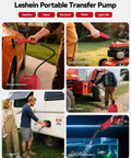 Leshein portable fuel transfer pump; USB rechargeable, 3 GPM; transfers gasoline/diesel/water to car, mower, tractor, RV.