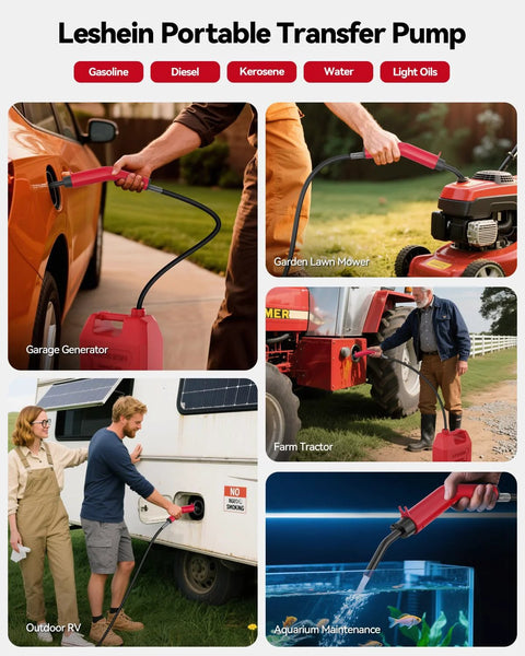 Leshein portable fuel transfer pump; USB rechargeable, 3 GPM; transfers gasoline/diesel/water to car, mower, tractor, RV.