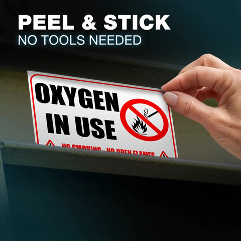 Heavy Duty Oxygen In Use Warning Signs, Straight Up No Smoking Open Flames Alert, Top Tier Waterproof Vinyl Stickers being applied.