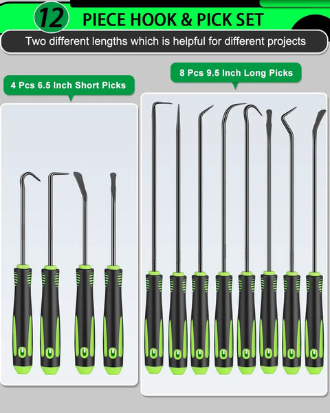 12 Piece Mechanic Pick Set With Long And Mini Picks Pro Grade Alloy Steel Non Slip Grip Rust Resistant Hook Tools For Precision Work And Quick Auto And Electronics Repairs, 4 short and 8 long picks