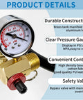 Air Tank Valve Kit With Safety Manifold And 0-200 PSI Gauge, 4 Ft Air Hose, Thread Seal Tape, Grab-and-Go Portable Tank Repair Set, 3 Piece Easy Fix For Quick Leaks And Maintenance, brass gauge close-up