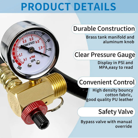 Air Tank Valve Kit With Safety Manifold And 0-200 PSI Gauge, 4 Ft Air Hose, Thread Seal Tape, Grab-and-Go Portable Tank Repair Set, 3 Piece Easy Fix For Quick Leaks And Maintenance, brass gauge close-up