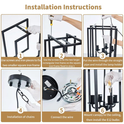 Installation instructions for Dope Farmhouse Lantern Chandelier Black Light Fixture Four Light Rustic Industrial Pendant Lighting