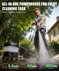 Kick Out Stubborn Grime With This Slick Cordless Pressure Washer Featuring A 3.4 Gallon Foldable Tank And 23 Foot Hose For Sweet Patio Bike And Car Cleaning Routines, man using powerful washer outdoors.