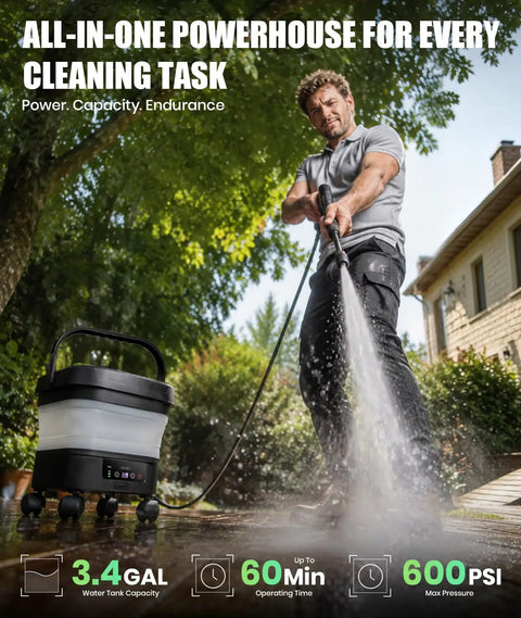 Kick Out Stubborn Grime With This Slick Cordless Pressure Washer Featuring A 3.4 Gallon Foldable Tank And 23 Foot Hose For Sweet Patio Bike And Car Cleaning Routines, man using powerful washer outdoors.