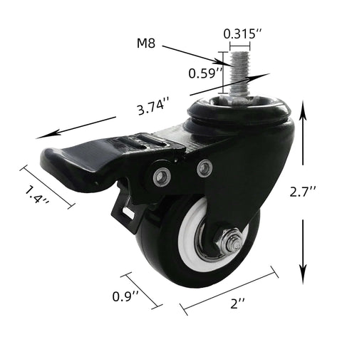 Single 2 Inch M8 Threaded PU Swivel Caster with Brake for Standing Desks, shown with dimensions and dual-lock feature, 360-degree rotation.