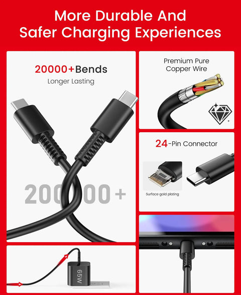 65W GaN3 AC Power Adapter Charger With 6.6 Ft Cable For Nintendo Switch Series OLED Lite Steam Deck OLED ROG Ally 4K TV Mode PD3.0 Game-Ready No-Fuss Fast Charge For PS4 Controller And Galaxy, black USB-C cable close-up