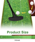 Indoor Outdoor Golf Putting Mat With Ball Return For Home Office Backyard Practice Green Training Includes Putter And Five Balls 9.84 Feet Long showing putter and ball on mat