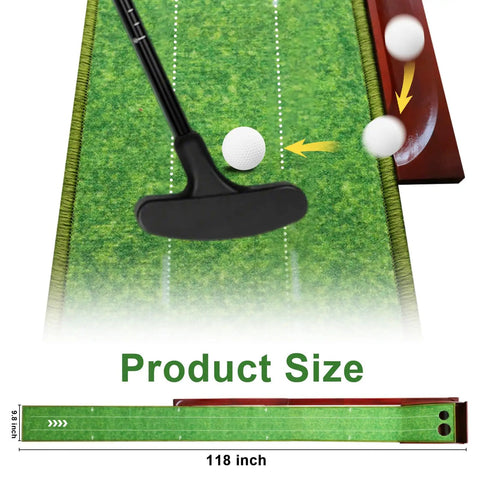 Indoor Outdoor Golf Putting Mat With Ball Return For Home Office Backyard Practice Green Training Includes Putter And Five Balls 9.84 Feet Long showing putter and ball on mat
