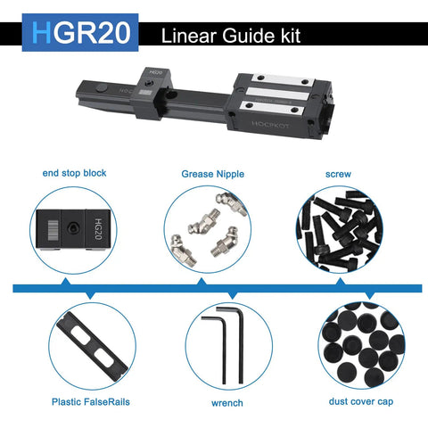 150mm Linear Guide Rail Kit With 2 Rails And 2 Carriages HGH20CA Sliding Blocks With End Stops and Components Display