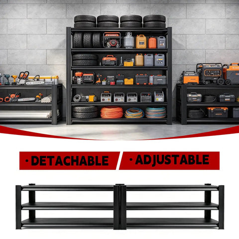 Heavy Duty Garage Shelving 6 Tier Steel Storage Rack 6000 Lbs Capacity Built Like A Tank Adjustable Metal Shelf Unit stacked with tools and tires.