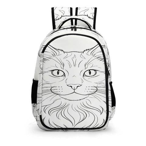 Long Fluffy Hair Feline Outline Print Unisex Backpack with durable polyester and trendy cat graphic, front view