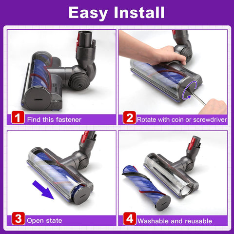 Guide for installing Vacuum Head Replacement for Dyson V7 V8 V11 V15 models with AntiTangle Quick Release Motor Head.
