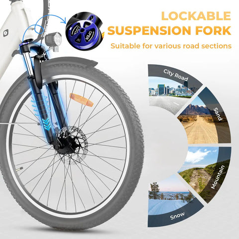 Adult Electric Bike For Daily City Hops, 26 Inch Step-Through Ebike With 350W Brushless Motor, 750W Peak Power, Top Speed Up To 20 MPH, 30-50 Mile Range, Removable Waterproof Battery, Smooth And Easy Ride, front suspension fork and 26-inch wheel