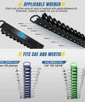 Magnetic Socket And Wrench Organizer Tray Set With Nine Piece displaying wrench slots and size compatibility for SAE and Metric wrenches.