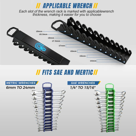 Magnetic Socket And Wrench Organizer Tray Set With Nine Piece displaying wrench slots and size compatibility for SAE and Metric wrenches.