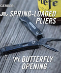 Mini 12-In-1 EDC Multitool With Needle Nose Pliers shown in black finish, open on wooden surface, with bottle nearby.