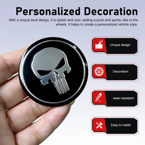 Badass Skull Print Wheel Hub Cap Covers 4 Pack Tough Metal Center Caps Waterproof And Scratch Resistant Universal Fit For Rims Hella Durable Black Ride Armor with skull design