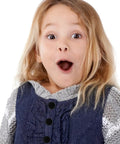 Child wearing sweater with copper-covered snap buttons, showcasing garment repair with 10 Sets Copper Covered Button Kit For Clothes, Bags, And Coats, DIY Snap Fasteners Replacement, Polished Finish, Durable And Handy To Use Embellishment For Garment Repair, Craft Projects, And Accessories.