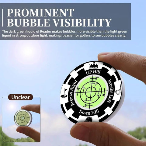 Golf ball marker clip showing bubble level indicator with text, part of Two Pack Golf Green Reader Bubble Level Hat Clip for Putting Practice.