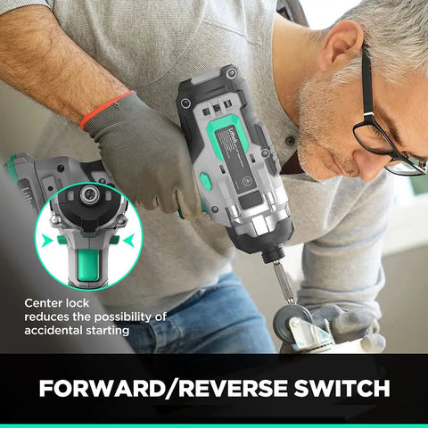 Man using 20V Cordless Impact Driver With One Quarter Inch Hex Quick Release Chuck, 1150 Inch Pounds Torque for Quick Fastening projects.