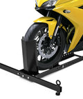 Beefy Heavy Duty Motorcycle Wheel Chock Stand With 1800 Lb Capacity holding motorcycle front wheel, adjustable tire cradle visible