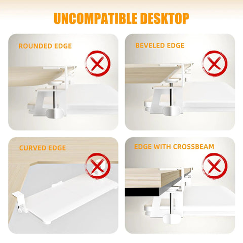 Examples of incompatible desktops for Under Desk Keyboard Tray With Pull Out Slide And C Clamp Mount, 29.7 Inch Total Length, 25.6 Inch Platform By 11.8 Inch Drawer For Keyboard And Mouse, Space Saving White Ergonomic Keyboard Tray showing rounded, beveled, curved, and crossbeam edges