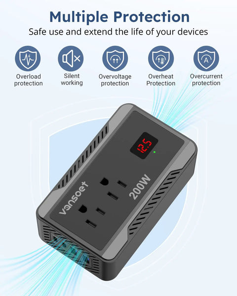 High Performance Car Power Inverter Converts DC 12V To AC 110V With Dual USB Ports And Voltage Display showing multiple protection features.