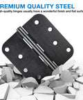 Matte Black 4 Inch Door Hinges, 18 Pack With 5/8 Radius, displayed on crushed rocks, showcasing steel construction
