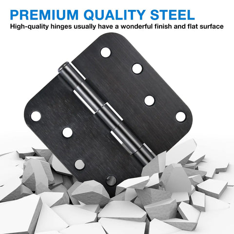 Matte Black 4 Inch Door Hinges, 18 Pack With 5/8 Radius, displayed on crushed rocks, showcasing steel construction