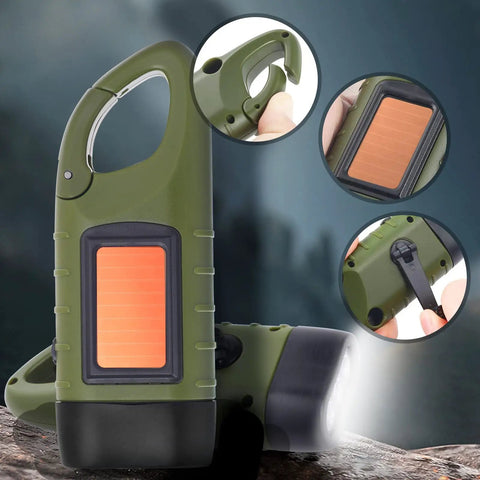 Two Pack Hand Crank Solar Powered Flashlights For Emergency Use Rechargeable LED Survival Torch With Dynamo Power Quick Snap Carabiner Carry Outdoor Gear Essentials For Camping And Hiking Green