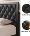 Queen Platform Bed Frame With Swanky PU Leather Upholstered Headboard And Plush Memory Foam Backrest Heavy Duty Metal Slat Support Hidden Underbed Storage No Sweat Setup Black close-up of button tufted black leather headboard