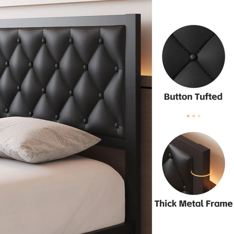 Queen Platform Bed Frame With Swanky PU Leather Upholstered Headboard And Plush Memory Foam Backrest Heavy Duty Metal Slat Support Hidden Underbed Storage No Sweat Setup Black close-up of button tufted black leather headboard