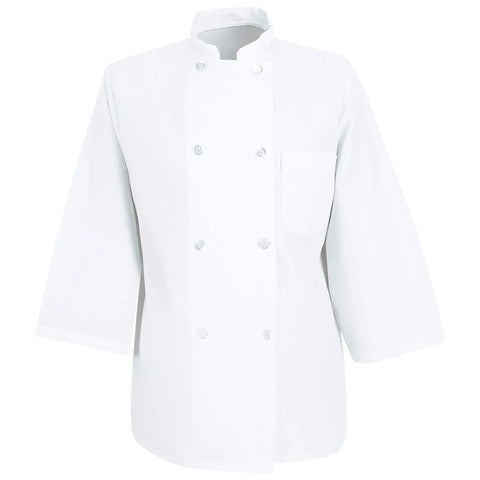 Mens Three Quarter Sleeve Chef Jacket Double Breasted Kitchen Workhorse Pre Shrunk Stain Release Coat in crisp white, featuring tough pearl buttons.