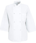 Kickass Durable Mens Double Breasted Chef Coat Jacket With UV Shielded Pearls Pre Shrunken Stain Proof Poly Cotton Blend Pros Swear This Slick Kitchen Gear Is Solid White Small, front view.