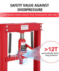 12 Ton Hydraulic Shop Press H Frame Floor Press For Auto Body, Metalworking And DIY Projects, Industrial Grade Stability With Reinforced Carbon Steel Frame, Powder Coated Finish, Heavy Duty Bench And Floor Mount with overpressure safety valve