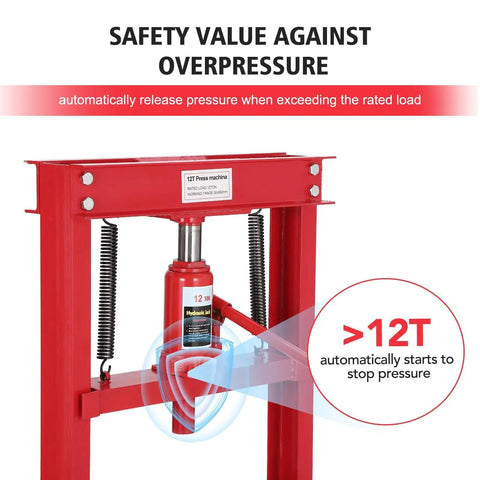 12 Ton Hydraulic Shop Press H Frame Floor Press For Auto Body, Metalworking And DIY Projects, Industrial Grade Stability With Reinforced Carbon Steel Frame, Powder Coated Finish, Heavy Duty Bench And Floor Mount with overpressure safety valve