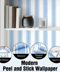 Easy Peasy Peel And Stick Self Adhesive Wallpaper With Chill Blue And White Hand Drawn Stripes in a room setting with books and decor.