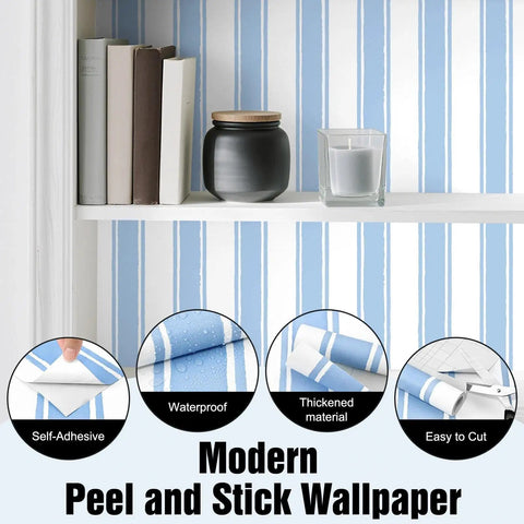 Easy Peasy Peel And Stick Self Adhesive Wallpaper With Chill Blue And White Hand Drawn Stripes in a room setting with books and decor.