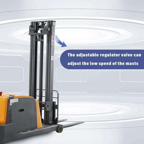 Heavy Duty Counterbalanced Electric Pallet Stacker 3300 Lbs Capacity 118 Inch Lift Height with adjustable valve for masts speed.